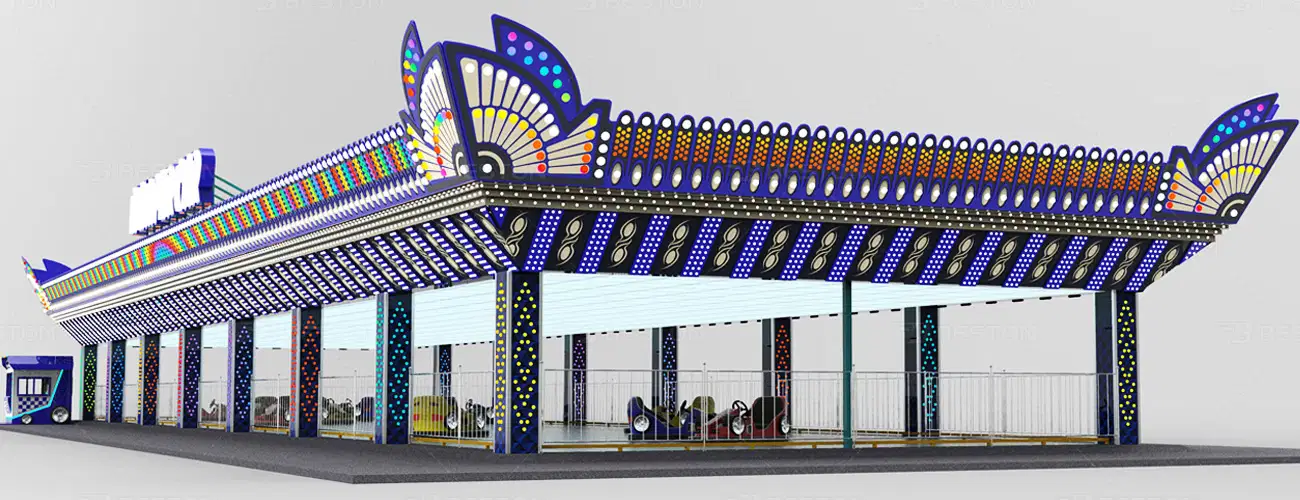 Дизайн площадки и потолочных конструкций аттракциона автодром
