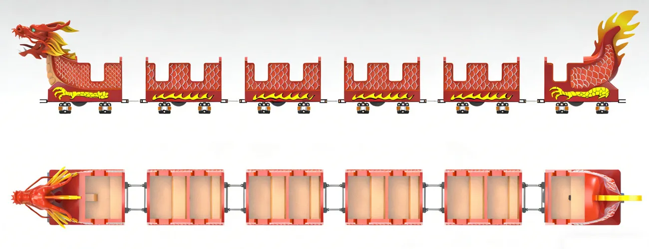 3D-дизайн от Beston Rides — базовое число вагонов «Дракона» . Мы можем изменить состав под ваши задачи и нужную пропускную способность.