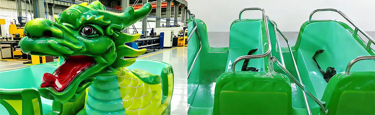 Beston Rides аттракцион Дракон выполнен по технологии цельного формования из стеклопластика (FRP), что обеспечивает реалистичную текстуру и насыщенные цвета.