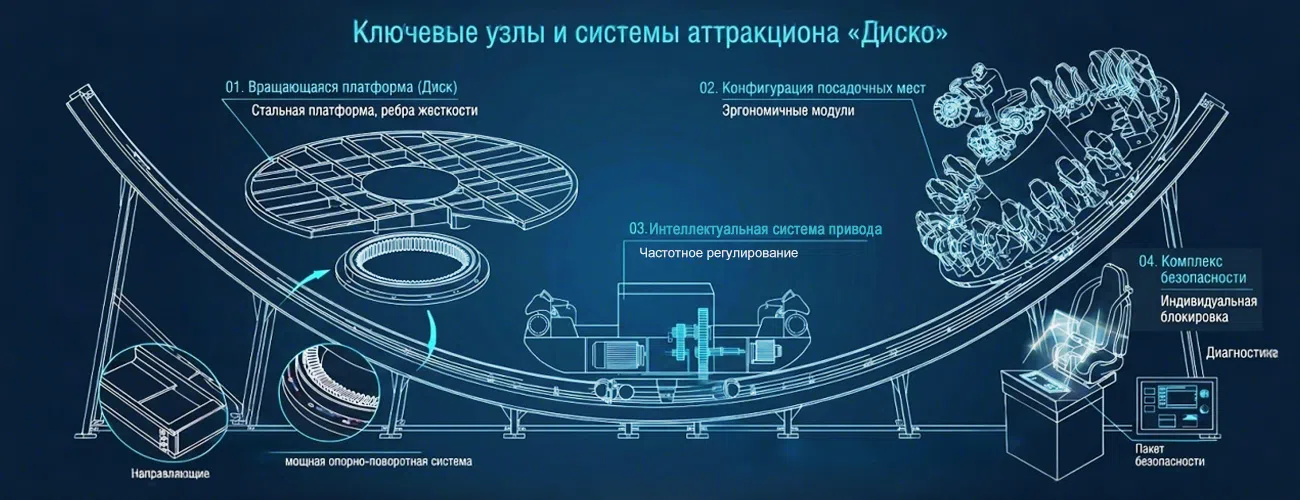 Аттракцион Диско базируется на синхронизации вращающейся платформы с её перемещением по волнообразному рельсу с помощью мощных электроприводов.