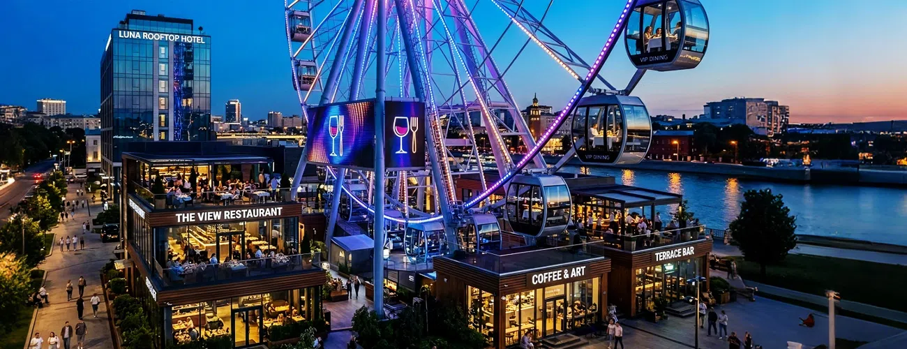 Колесо обозрения Beston Rides с LED-подсветкой как катализатор HoреCa кластера в ночном городе. Этот объект не только стимулирует вечерний досуг, но и напрямую повышает "средний чек" в окружающих ресторанах и кафе, создавая устойчивую экосистему ночной экономики.