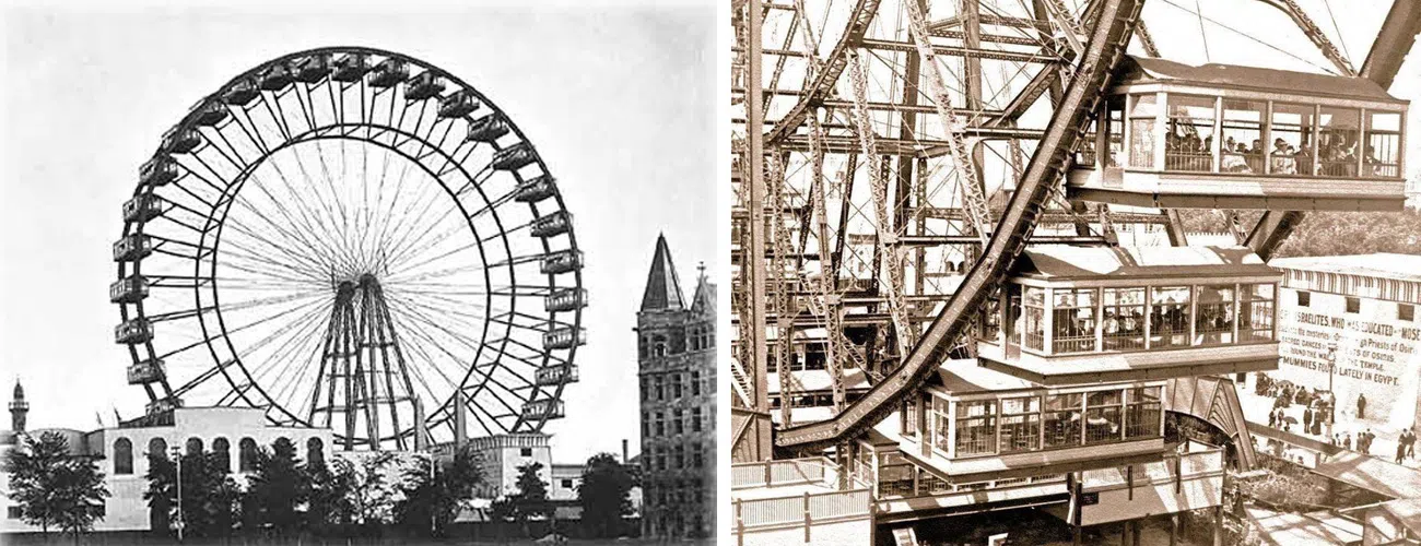 Первое колесо обозрения Джорджа Ферриса 1893 года в Чикаго. Гигантская конструкция с 36 кабинами вмещала до 2160 пассажиров одновременно, став триумфом инженерной мысли того времени.